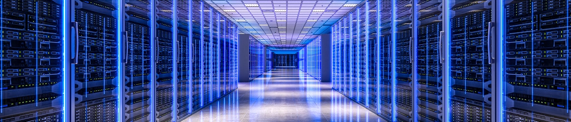 A futuristic data center hallway with rows of server racks illuminated by bright blue neon lights