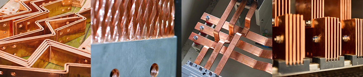 A four-panel collage showcasing various forms of copper and copper alloy flat stock, including coiled copper strip, flat bars, and stacked rectangular busbars.
