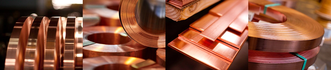 A four-panel image showcasing various copper electrical components: a copper lug with a black sheath, a crimped flexible copper braid connector, a stack of semicircular copper busbars with mounting holes, and fanned-out laminated copper foils or busbars.