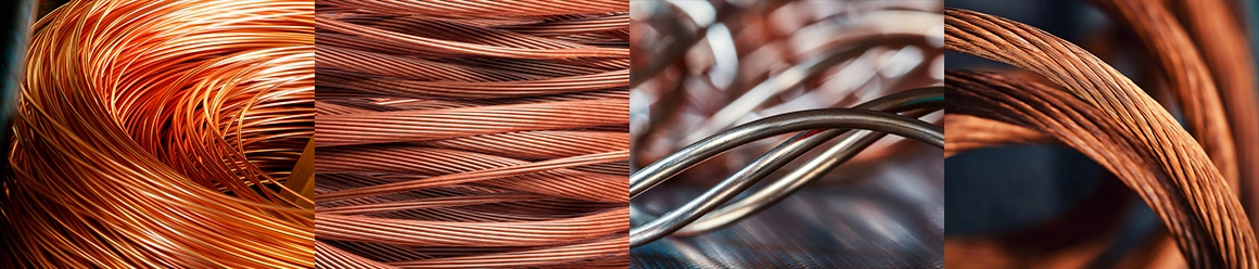 A four-panel vertical collage showing different forms of copper wire and conductor products, including coiled bare wire, tightly twisted cables, and a pair of silver-plated copper wires.