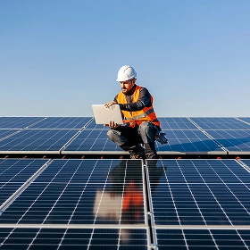 An engineer in a white hard hat and orange vest crouching on a rooftop solar panel array, working on a laptop