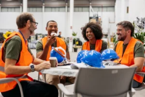 A diverse group of four factory workers in orange safety vests smiling and talking together while sitting at a table on a break