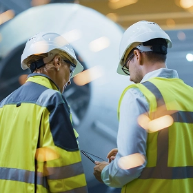 Two engineers in hard hats and safety vests looking down at a digital tablet in a brightly lit industrial facility